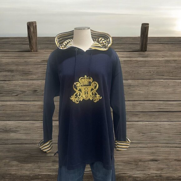 Folette Navy Blue Hoodie Embroidered Gold Crest Nautical Preppy Retro Casual - Picture 1 of 9